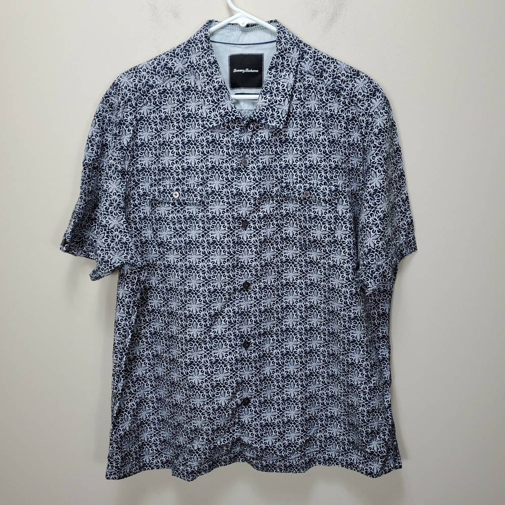 Tommy Bahama Island Modern Fit Men XL Silk Blend Button Up S/S Black Leaf Print